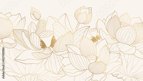 Elegant gold line drawing of lotus flowers and leaves on a light background. Minimalist oriental vector design, perfect for luxury prints, patterns, or backgrounds.
