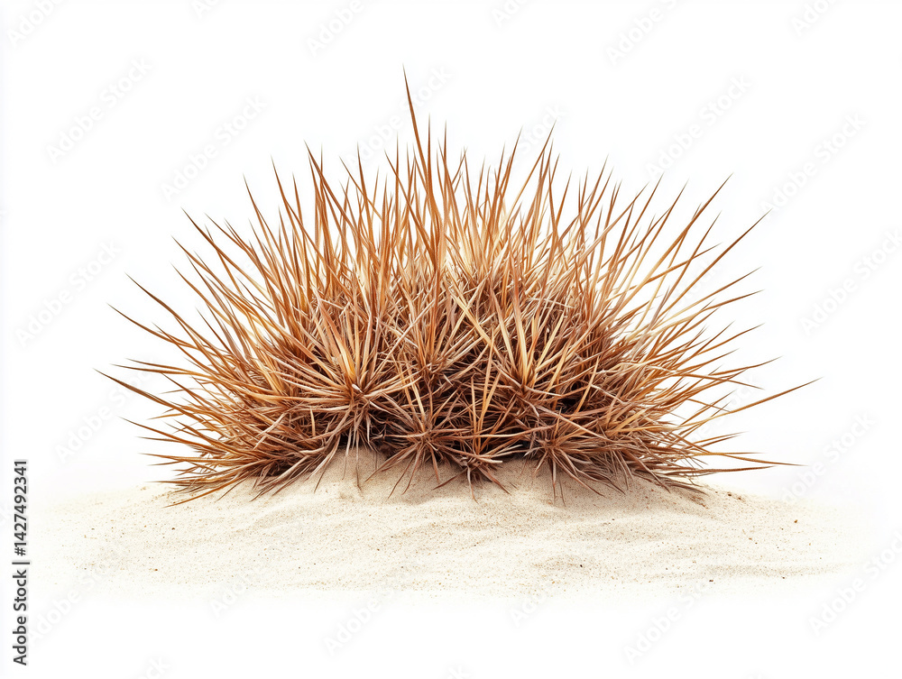 A tumbleweed on light sand against a white background in a studio shot with sharp details A tumbleweed on light sand against a white background in a studio shot with sharp details