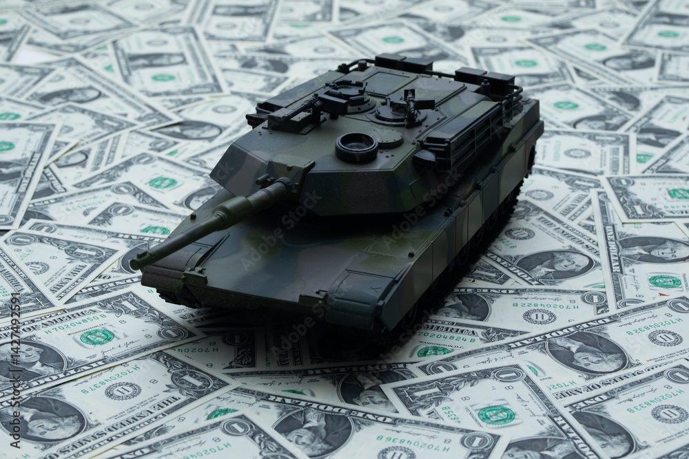 War and money concept. Financial support war in Ukraine. Tank in military scene. Defense strategy. Money funding the attack. Financing war. Money becomes a weapon of war. Dollar as a symbol of power.