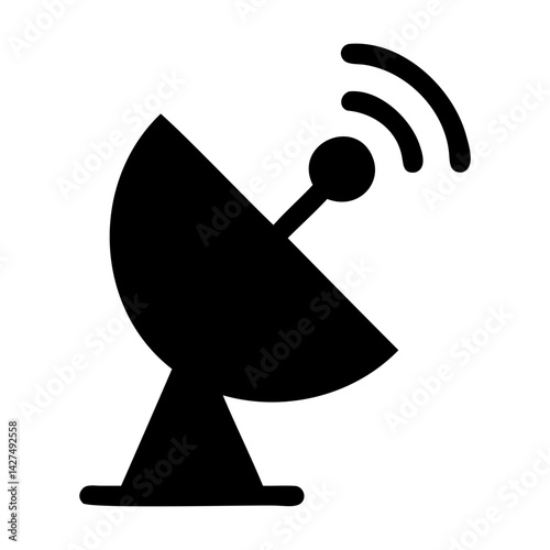 Simple black satellite dish icon with antenna on transparent background and PNG