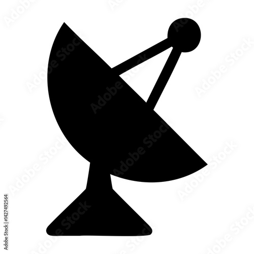 Simple black satellite dish icon with antenna on transparent background and PNG