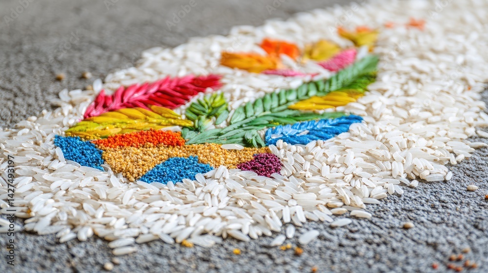 Obraz premium Close-up of white rice grains forming the base of a Diwali rangoli design. Natural texture.