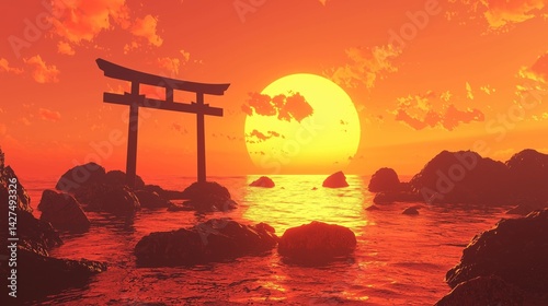 夕日に輝く海中鳥居のシルエット