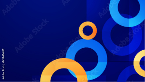 Blue and yellow circles create a dynamic geometric pattern against a dark blue background. Suitable for bold graphic designs.