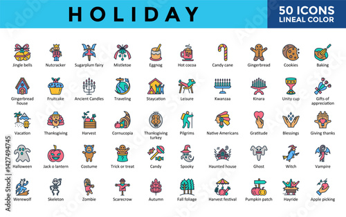 Holiday icons set with jingle bells, nutcracker, sugarplum fairy, mistletoe, eggnog, hot cocoa, candy cane, gingerbread, cookies, baking icon. Simple lineal color vector 
