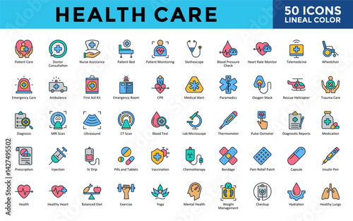 Health Care icons set with patient care, doctor consultation, nurse assistance, patient bed, patient monitoring, stethoscope, blood pressure check icon. Simple lineal color vector 
