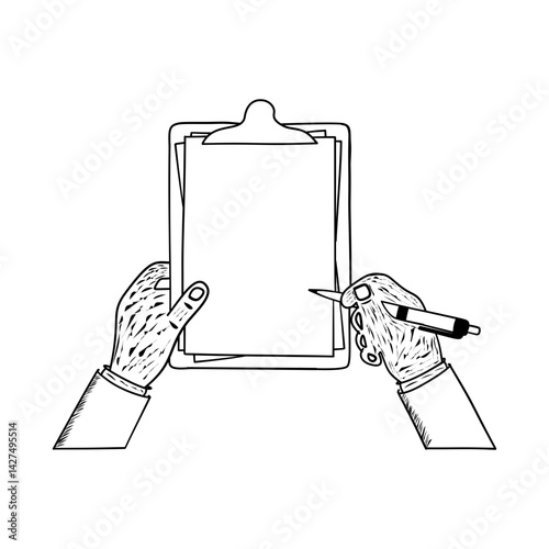 hands holding clipboard and pen, hand drawn illustration