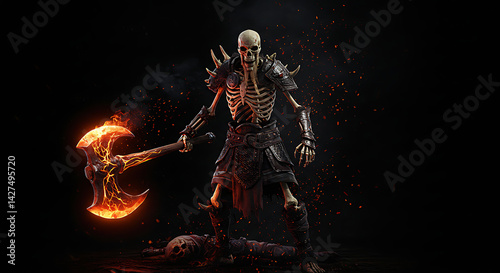 fiery skeletal warrior with glowing hammer digital wallpaper