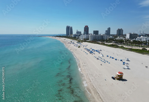 Obraz na płótnie Miami Beach aerial drone view with skyline. Miami from above. Drone view of Miamis famous landmarks. South Pointe beach with skyscrapers. Miami city panorama. Oceanfront skyline of Miami Beach. w salonie