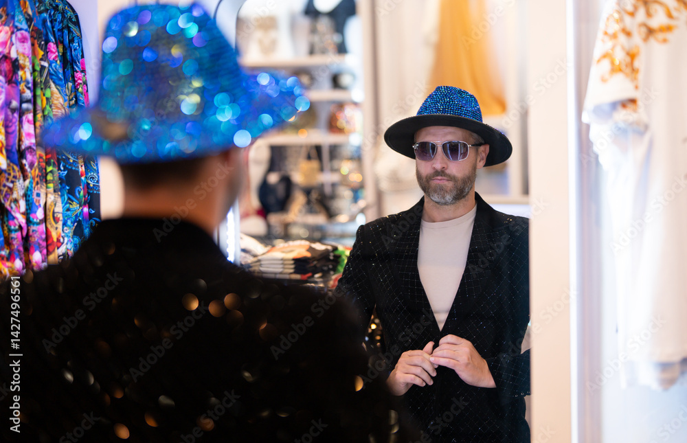 Trendy and exclusive male clothing collection. Fashion designer. Brand fashion choice. Modern dandy in boutique. Expensive fashion male accessories. Luxury shopping for a stylish man. Fashion store.