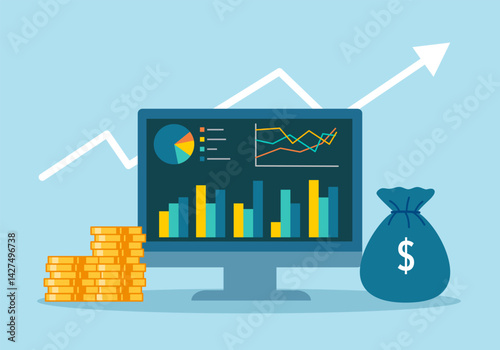 Financial investment analysis concept for business marketing strategy banner. Return on investment ROI vision with graph chart. Increase profit rising up in flat design.