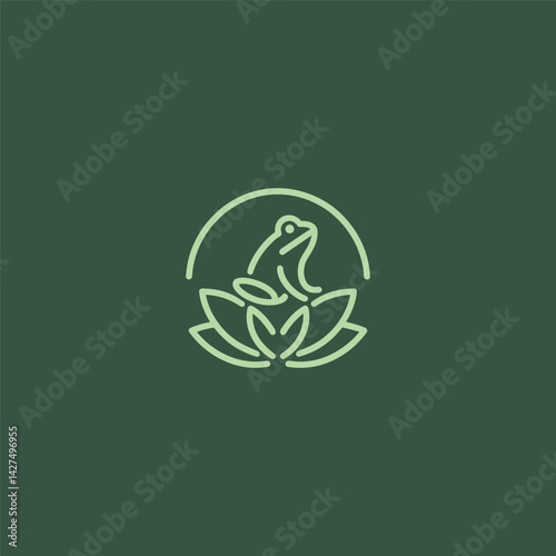 Minimalist Frog on Lotus Leaf Line Art Logo – Sitting frog on lotus leaf in clean lines.
