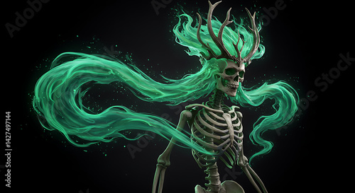 emerald green skeletal spirit with glowing aura digital wallpaper