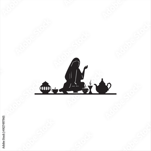 Geometric black and white silhouette logo. Middle Eastern tea ceremony depicted on a white background with clean lines and symmetrical design, creating a timeless and elegant feel