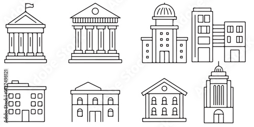 Buildings icons. Bank, Hotel, Courthouse. City, Real estate, Architecture buildings icons. Hospital, town house, museum. Urban architecture, city skyscraper. Classic set. Quality set. Vector, Building