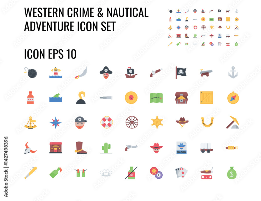 Fototapeta premium Western Crime & Nautical Adventure Icon Set - Ammunition, Anchor, Bandit, Bomb, Map, Compass & More