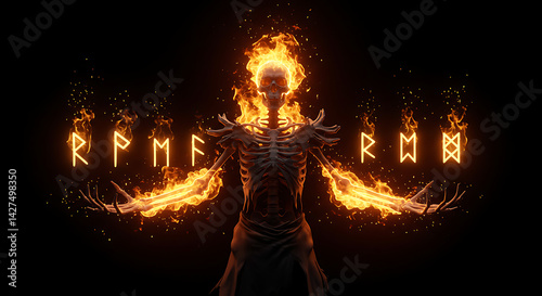 fiery viking skeleton with glowing runes digital wallpaper