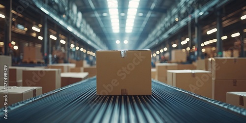 efficient warehouse packaging and shipping process with conveyor belt and cardboard boxes photo