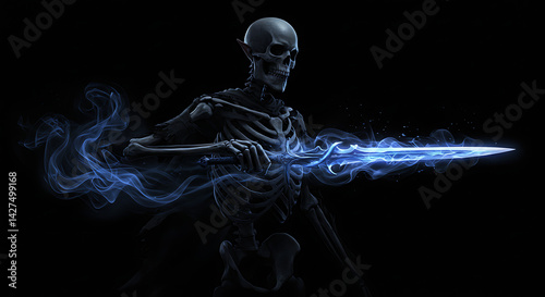 glowing blue skeletal warrior with icy sword digital wallpaper