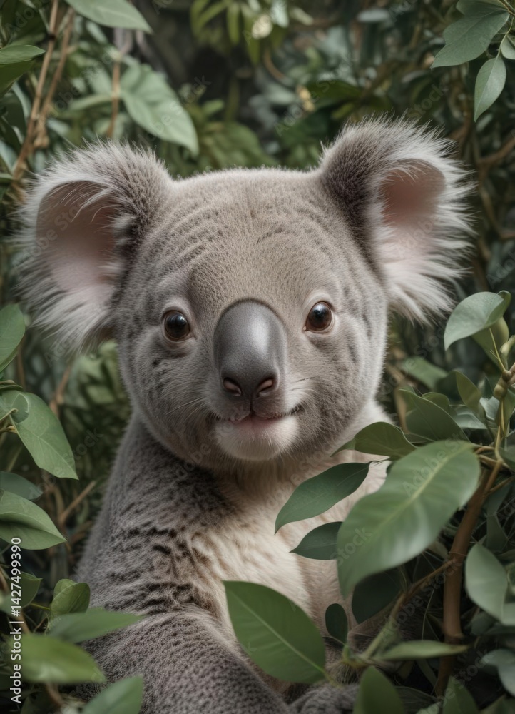 Fototapeta premium Adorable koala joey nestled amongst eucalyptus leaves, seamless repeat , koala illustration, seamless pattern