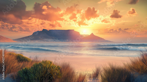 Cape Town Sunset with Table Mountain – Wavy Sea & African Plants, Realistic High-Resolution View