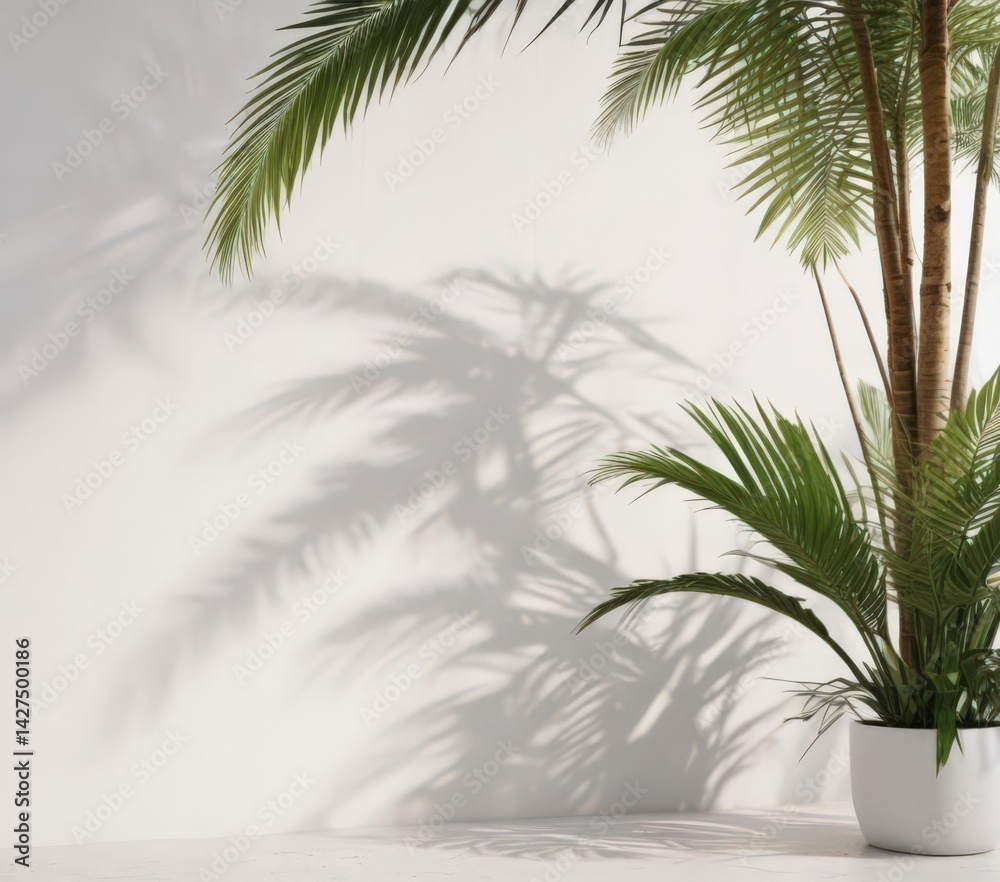 Obraz premium Crisp shadow of palm fronds on bright white wall, tropical aesthetic, clean, travel, heat