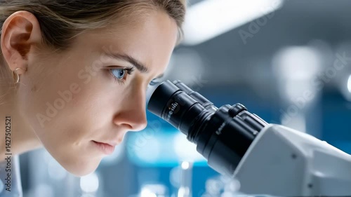 Woman observing specimens through a microscope with a blurred laboratory background in a scientific environment