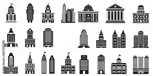 Buildings icons. Bank, Hotel, Courthouse. City, Real estate, Architecture buildings icons. Hospital, town house, museum. Urban architecture, city skyscraper. Classic set. Quality set. Vector, Building