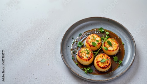 Tempting pan seared scallops in the center right corner on a pale slate background, in a clean food photography style, with soft reflective radiance, spacious layout, high resolution