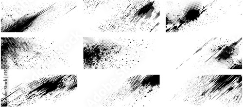 Halftone Grunge Brush Texture Set, Ink Splatter Comic Style Overlay Backgrounds