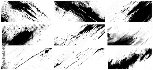 Halftone Ink Brush Stroke and Splatter Texture Set, Grunge Comic Style Overlays