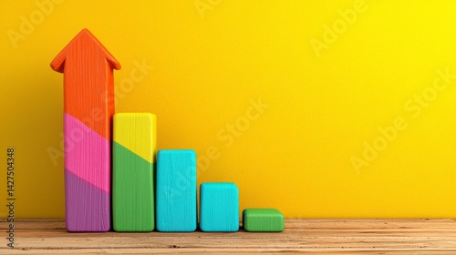 Colorful Wooden Block Bar Graph Showing Upward Trend Against Yellow Background