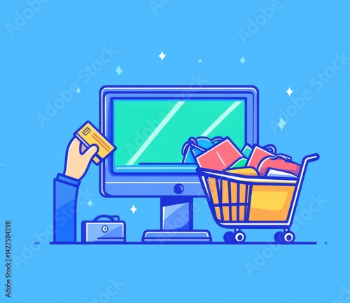 Illustration of an online shopping concept with icons such as a computer, a h...