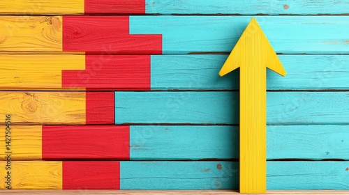 Yellow Wooden Arrow on Colorful Planked Background