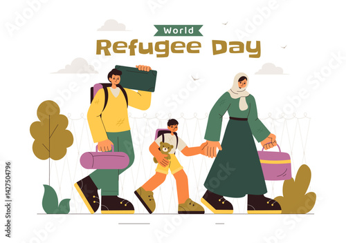 World Refugee Day Illustration featuring an Immigrant Family with Their Children in Search of a New Home, with Barbed Wire Fences and a Helping Hand