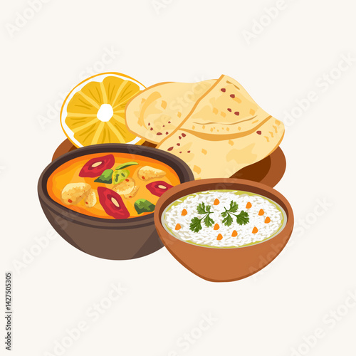 Indian food, Massaman curry, Green curry, Roti, Flat cartoon illustration