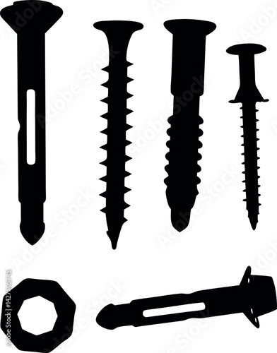 Screw Set Silhouette, Fastener Collection, Construction Hardware, Black and White Icon