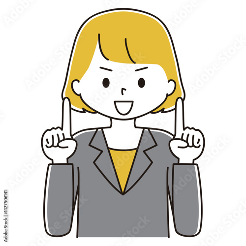指差しするスーツ姿の女性のイラスト　笑顔　上