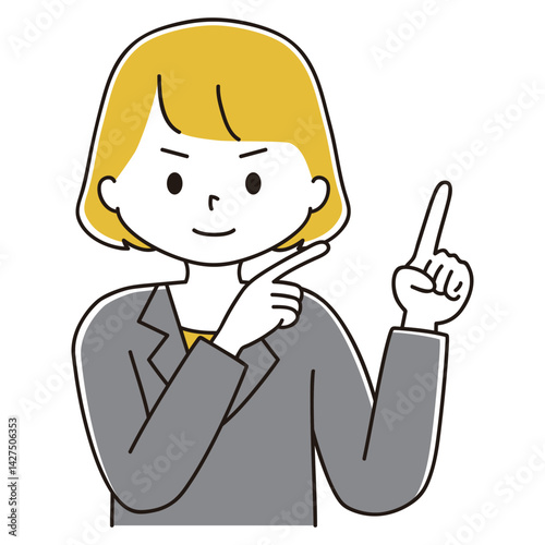 指差しするスーツ姿の女性のイラスト　笑顔　右上