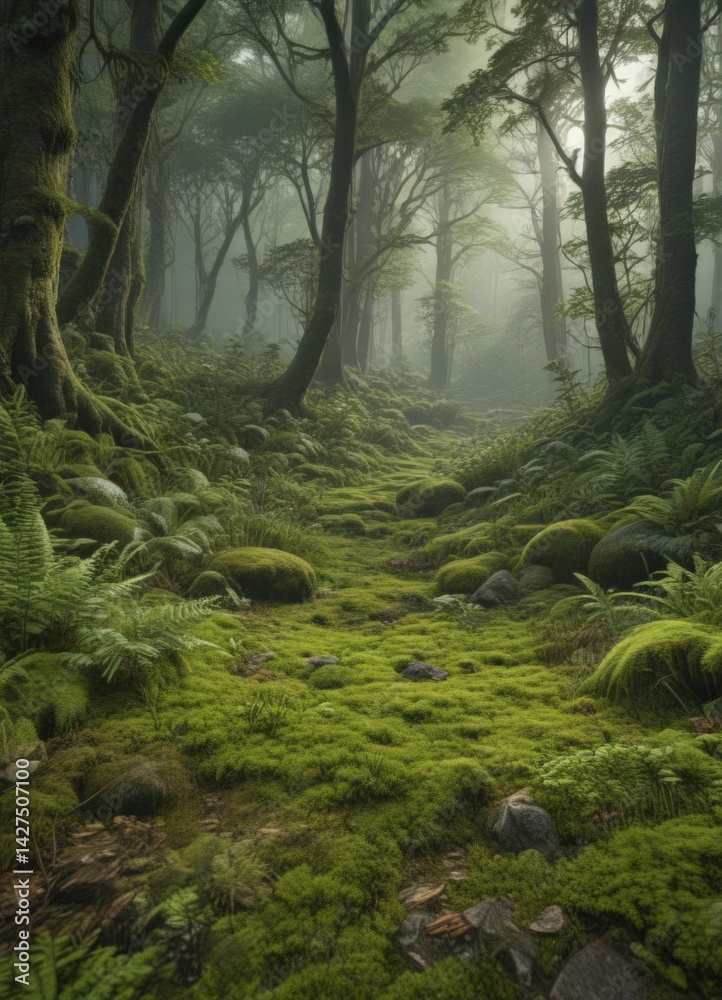 Obraz premium Deep green moss and ferns carpet forest floor , wild plants, lush, plants