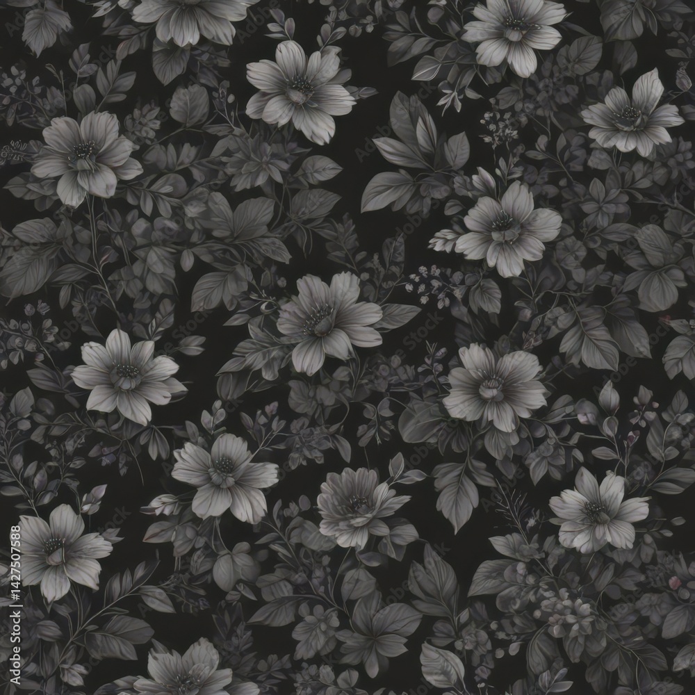 Fototapeta premium Elegant charcoal floral wallpaper Small-scale blooms and foliage repeat seamlessly , delicate, art, subtle