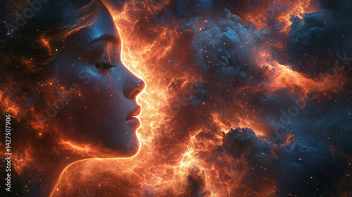 Woman's profile face with flames and nebulae, ethereal, cosmic, and spiritual.