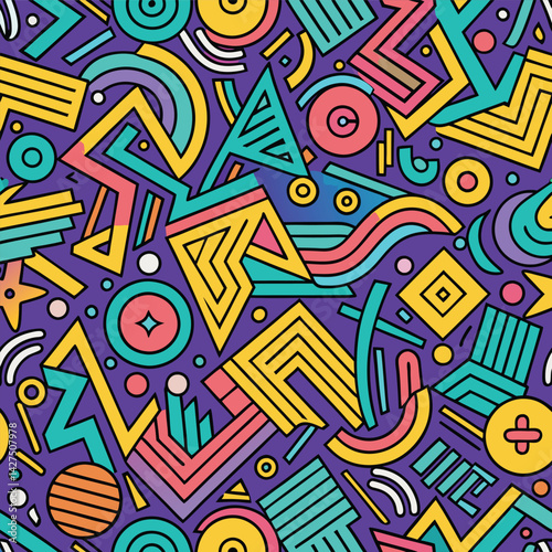 Geometric party in purple Memphis madness unleashed