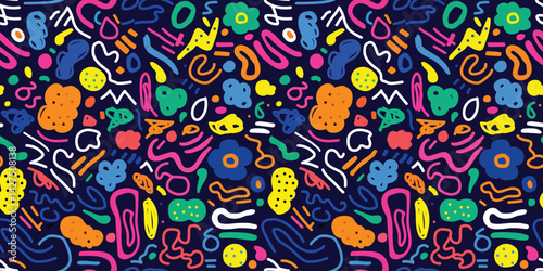 Playful chaos A vibrant abstract pattern dances on dark blue