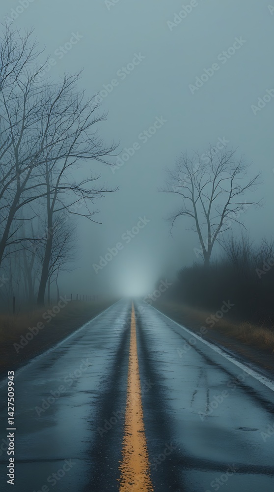 Obraz premium Lonely road stretching into heavy fog through a bare forest, with wet pavement and dramatic mood, symbolizing mystery, solitude, and autumn travel in rural landscapes 