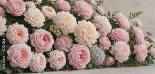 Delicate vintage-style floral wall Muted pink roses, hydrangeas, peonies , faux flowers, floral