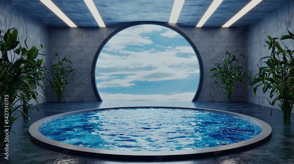 Modern interior pool space with circular window showing sky and clouds, surrounded by green plants and concrete walls. Modern interior pool space with circular window showing sky and clouds, surrounded by green plants and concrete walls.