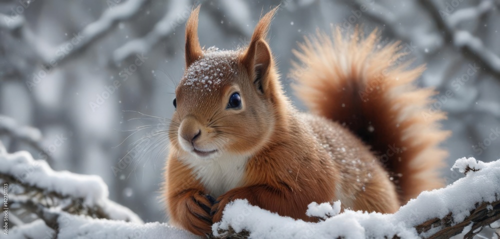 Fluffy red squirrel nestled in snowy branches, snowflakes dusting its fur, image, closeup Fluffy red squirrel nestled in snowy branches, snowflakes dusting its fur, image, closeup