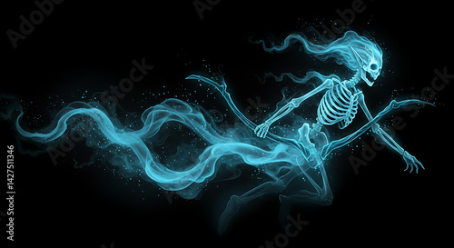 glowing blue skeletal spirit with radiant aura digital wallpaper