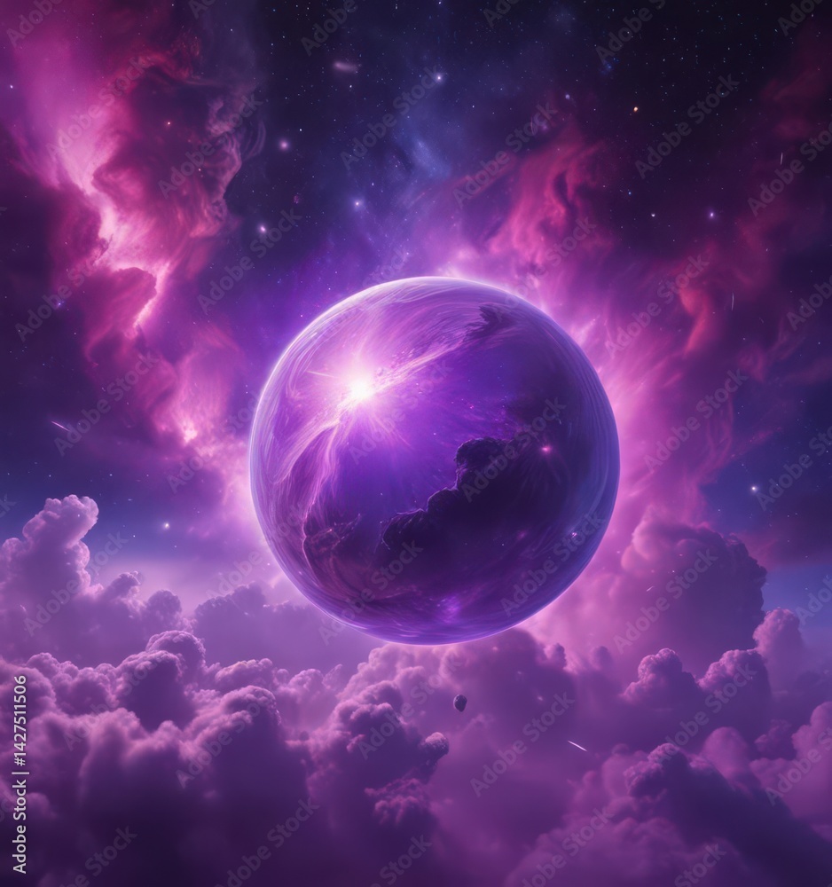 Obraz premium Ethereal orb amidst vibrant purple nebula clouds Cosmic scene , celestial, mystical, cosmos